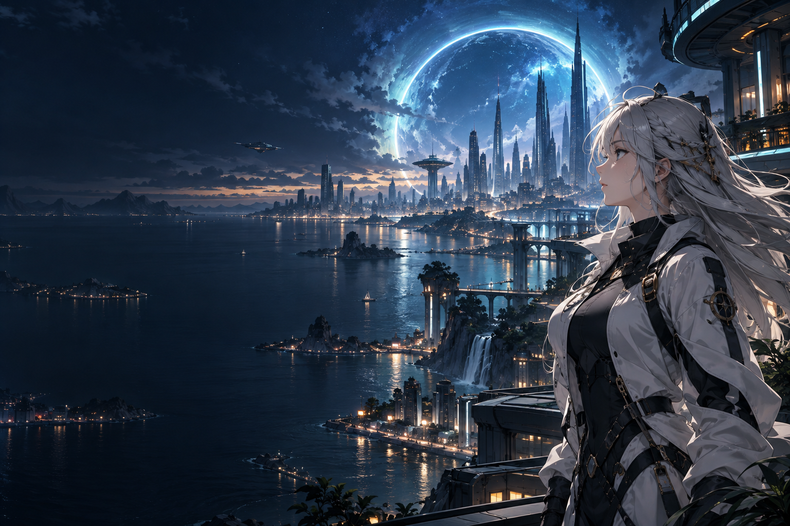 A silver-haired explorer overlooking a futuristic city beneath a cyan ring